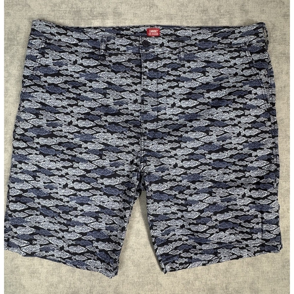 Levis XX Chino Shorts Mens 42 Navy Blue Fish Print Fishing Stretch 9 Inseam